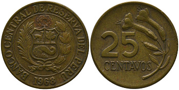 Перу 25 сентаво 1968 KM 246.1, Schon 51 латунь 4532-543