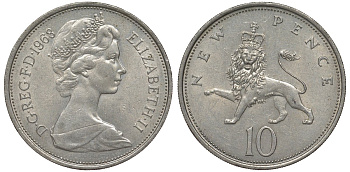 Великобритания 10 пенсов 1968 Елизавета II (1952-2022) KM 912, Spink 4231 (F1) медно-никель 4123-932