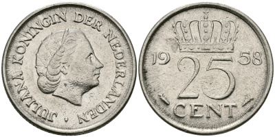 НИДЕРЛАНДЫ 25 ЦЕНТОВ 1958 ЮЛИАНА KM 183 никель 96-138
