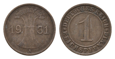 Германия 1 рейхспфенниг 1931 A KM 37, J. 313 бронза 4651-716