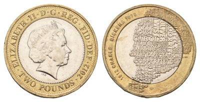Великобритания 2 фунта 2012 Елизавета II (1952-2022), 200 лет со дня рождения Чарльза Диккенса KM 1224, Spink K29 биметалл 4111-1141
