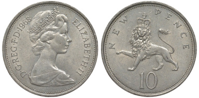Великобритания 10 пенсов 1968 Елизавета II (1952-2022) KM 912, Spink 4231 (F1) медно-никель 4123-932