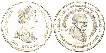 Острова Кука 1 доллар 2006 250 лет со дня рождения Вольфганга Амадея Моцарта UC 119 медно-никель PROOF 1524-123