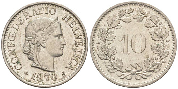 Швейцария 10 раппенов 1970 KM 27 медно-никель 55-433