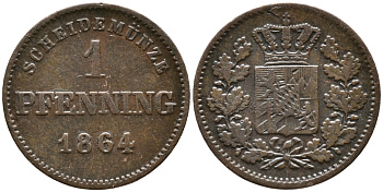 Бавария 1 пфенниг 1864 Максимилиан II (1848-1864) KM 471 медь 100-625