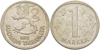 ФИНЛЯНДИЯ 1 МАРКА 1972 S KM 49а медно-никель UNC 3718-711