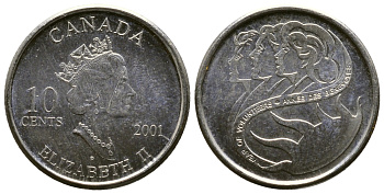 КАНАДА 10 ЦЕНТОВ 2001 Р, ГОД ВОЛОНТЕРОВ, ГОД ТИП KM 412 сталь плакированная никелем 46-2248