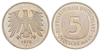 ФРГ 5 марок 1975 J КМ 140.1, J. 415 медно-никель плакированный никелем 4645-214