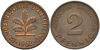 ФРГ 2 пфеннига 1962 F J.381  KM 106 бронза   4598-726