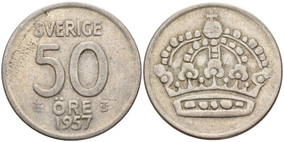 Швеция 50 эре 1957 TS, Густав VI Адольф (1950-1973) KM 825 серебро 4148-941
