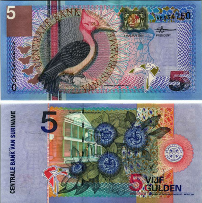 Суринам 5 гульденов 2000 птица Red-necked woodpecker, TDLR Pick 146 бумага UNC (пресс) 6352-2-4-2