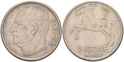 Норвегия 1 крона 1959 лошадь, Улаф V (1958-1991) KM 409 медно-никель 4111-621