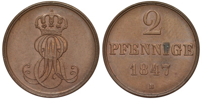 Ганновер 2 пфеннига 1847 B, Эрнст Август (1837-1851) KM 202.1, AKS 124, J. 75 медь 75-1854