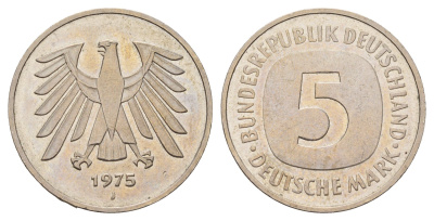 ФРГ 5 марок 1975 J КМ 140.1, J. 415 медно-никель плакированный никелем 4645-214