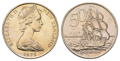 Новая Зеландия 50 центов 1975 Елизавета II (1952-2022), птичка киви KM 37 медно-никель UNC 51-4743