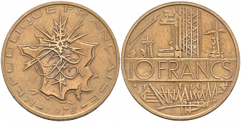 Франция 10 франков 1978 тип Матье KM 940, Le Franc 365.11-12 никель латунь 3855-725