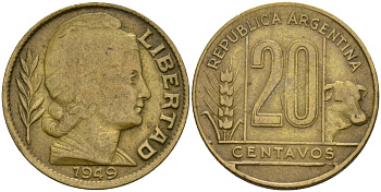 Аргентина 20 сентаво 1949 KM 42 алюминиевая бронза 4132-133