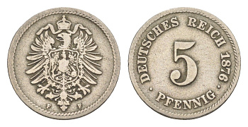 Германия 5 пфеннигов 1876 F, Вильгельм I (1871-1888) KM 3, J. 3 медно-никель 4164-329