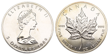 Канада 5 долларов 1989 Кленовый лист, Елизавета II KM 163 серебро BU 413-4515