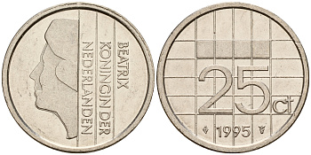 Нидерланды 25 центов 1995 Беатрикс (1980-2013) KM 204 никель    4598-324