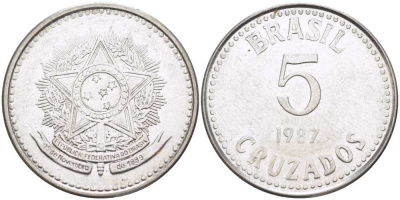 Бразилия 5 крузадо 1987 реформа (1986-1989) KM 606 нержавеющая сталь 65-254