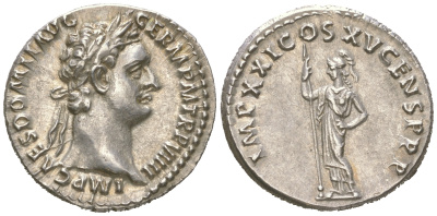 Римская Империя денарий 90-91 Домициан, IMP CAES DOMIT AVG GERM P M TR P VIIII, голова императора/IMP XXI COS XV CENS P P P, Минерва, Рим, 3,46 гр, extremely fine RIC 692 серебро 00-00