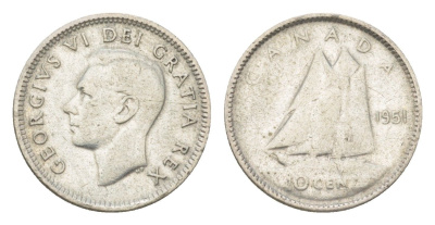 Канада 10 центов 1951 Георг VI (1936-1952) KM 43 серебро 4623-865
