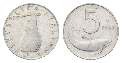 Италия 5 лир 1953 R, дельфин, плуг KM 92 алюминий 4705-155