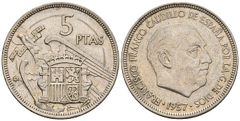 Испания 5 песет 1957 (75) Франциско Франко (1939-1975) KM 786 медно-никель 259-332