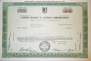 США, United Board & Carton Corporation 1 акция 1966 бумага 00-00