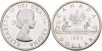 Канада 1 доллар 1963 Елизавета II (1952-2022), каноэ KM 54 серебро 4527-1215