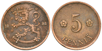 Финляндия 5 пенни 1935 KM 22 медь 4174-529