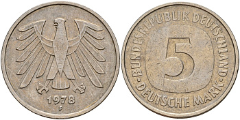 ФРГ 5 марок 1978 F KM 140.1, J. 415 медно-никель 4157-242