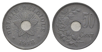 Бельгия 50 сантимов 1918 германская оккупация Первая мировая война, Альберт I (1909-1934) KM 83 цинк 4156-1036