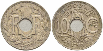 ФРАНЦИЯ 10 САНТИМОВ 1919 ТИП ЛИНДАЙЁ KM 866а, LE FRANC 138.3 медно-никель 108-127