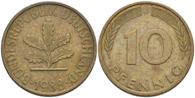 ФРГ 10 пфеннигов 1988 J КМ 108, J. 383 сталь плакированная латунью 4573-134