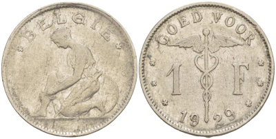 БЕЛЬГИЯ 1 ФРАНК 1929 BELGIE KM 90 никель 4546-222