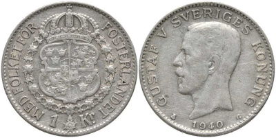 Швеция 1 крона 1940 G, Густав V (1907-1950) КМ 786.2 серебро 3896-1632