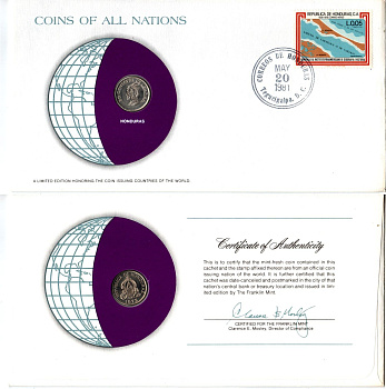 Гондурас 20 сентаво 1973 конверт с маркой первого дня гашения, Coins of Nations KM 81 медно-никель UNC 4294-15-2