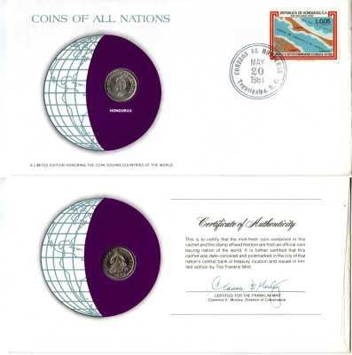 Гондурас 20 сентаво 1973 конверт с маркой первого дня гашения, Coins of Nations KM 81 медно-никель UNC 4294-15-2