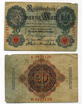 ГЕРМАНИЯ 20 МАРОК 1914 СЕМЬ ЦИФР В НОМЕРЕ Pick 46b бумага 6283-48-1