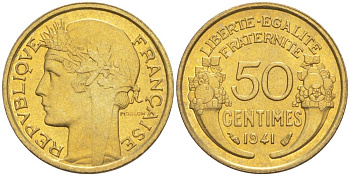 ФРАНЦИЯ 50 САНТИМОВ 1941 ТИП MORLON KM 894.1, LE FRANC 192.18 алюминиевая бронза 44-533