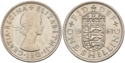 Великобритания 1 шиллинг 1963 Елизавета II (1952-2022), Английский герб KM 904, Spink 4147 медно-никель 4592-315