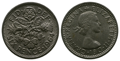 Великобритания 6 пенсов 1964 Елизавета II (1952-2022) KM 903, Spink 4149 медно-никель 4381-827