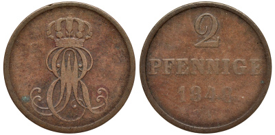 Ганновер 2 пфеннига 1848 A, Эрнст Август (1837-1851) KM 202.2, AKS 125, J. 75 медь 75-1917