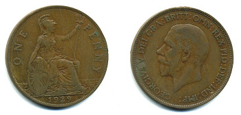 Великобритания 1 пенни 1929 Георг V (1910-1936) KM 838, Spink 4055 бронза 41-952