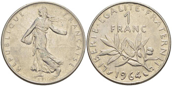 Франция 1 франк 1964 сеятель KM 925.1, Le Franc 226.8 никель 217-1124