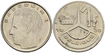 БЕЛЬГИЯ 1 ФРАНК 1990 BELGIQUE KM 170 сталь плакированная никелем 4528-1038