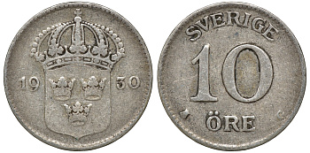 Швеция 10 эре 1930 G, Густав V (1907-1950) KM 780 серебро 4179-615