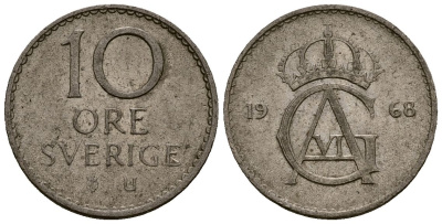 Швеция 10 эре 1968 Густав VI Адольф (1950-1973) KM 835 медно-никель 4173-737